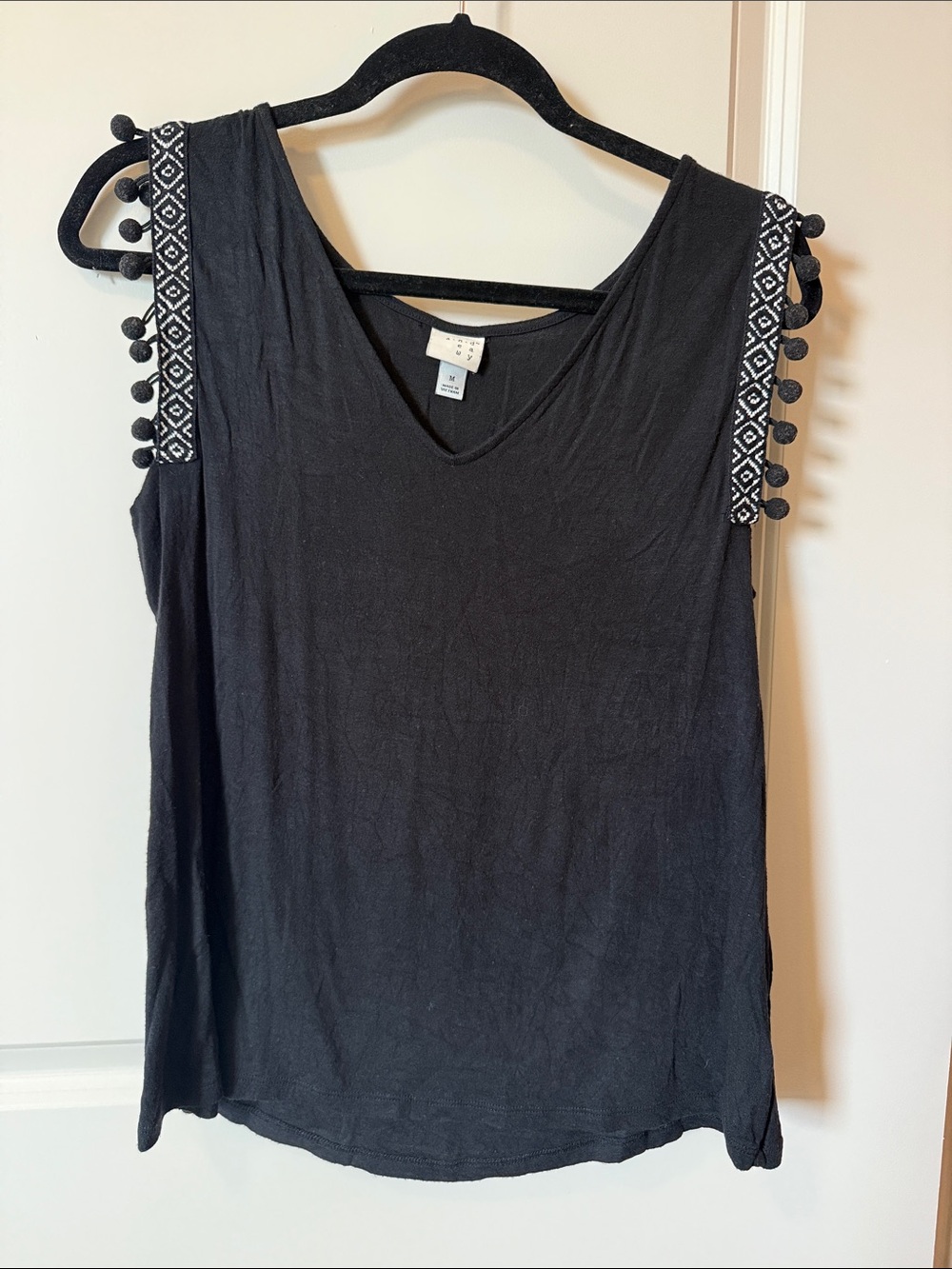 Black Pom-Trim Sleeveless V-Neck Top